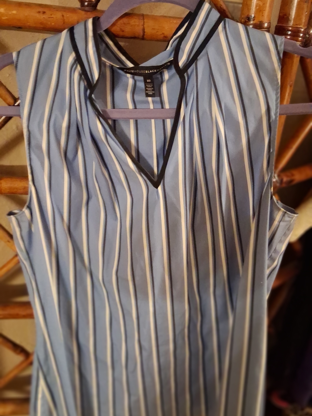 White House Black Market Blue and White Striped V-Neck Sleeveless Top